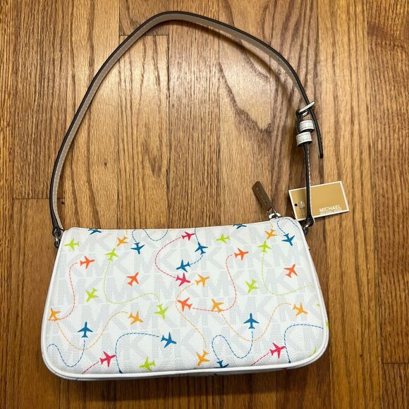 NWT MICHAEL KORS JET SET WHITE MULTI EAST WEST AIRPLANE PRINT POUCHETTE BAG - Picture 2 of 8